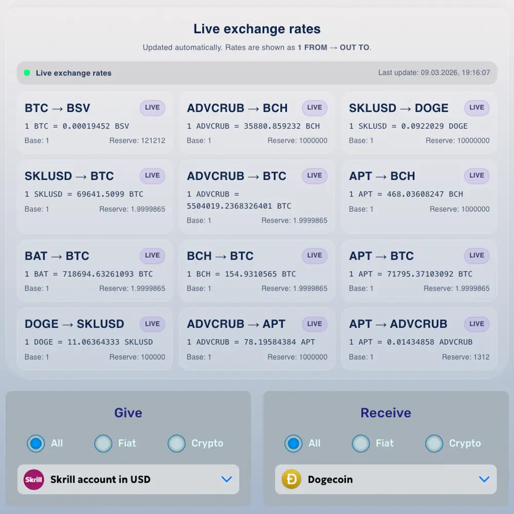 Choose exchange pairs and set up your forms — fast and easy!